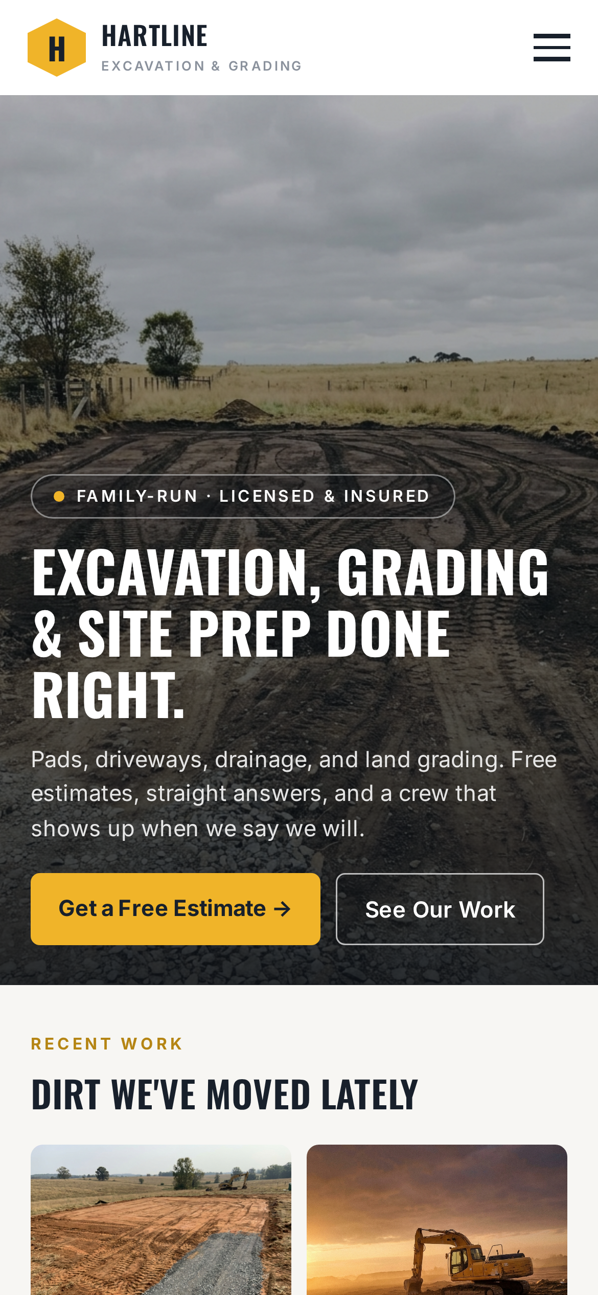 A sample contractor website on a phone